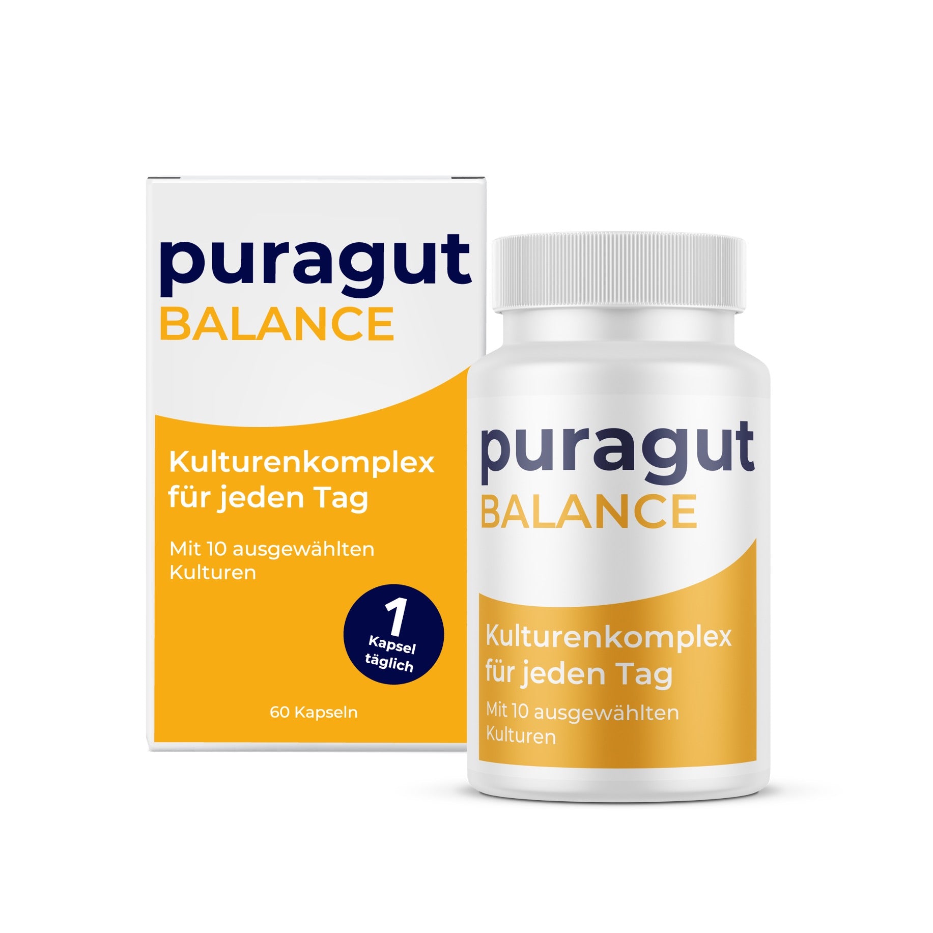 puragut BALANCE - Kulturenkomplex für jeden Tag - Mit 10 ausgewählten Kulturen - Bifidobakterien, Lactobacillus und Akazienfasern - 60 Kapseln