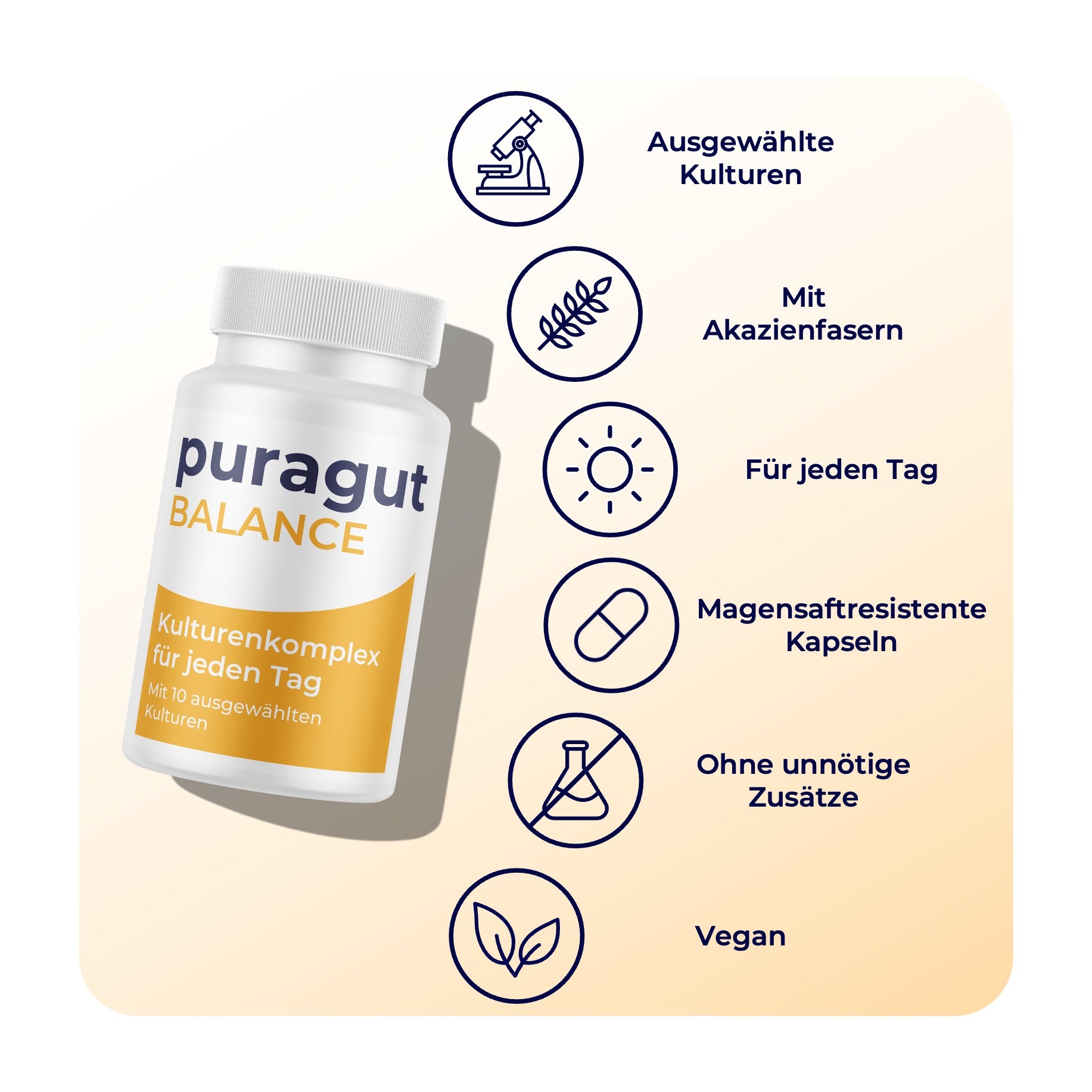 puragut BALANCE - Kulturenkomplex für jeden Tag - Mit 10 ausgewählten Kulturen - Bifidobakterien, Lactobacillus und Akazienfasern - 60 Kapseln